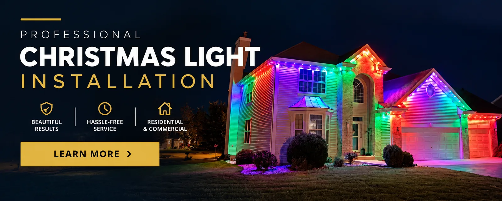 Professional Christmas Light Installation2 Home with professional colorful Christmas light installation along the roofline