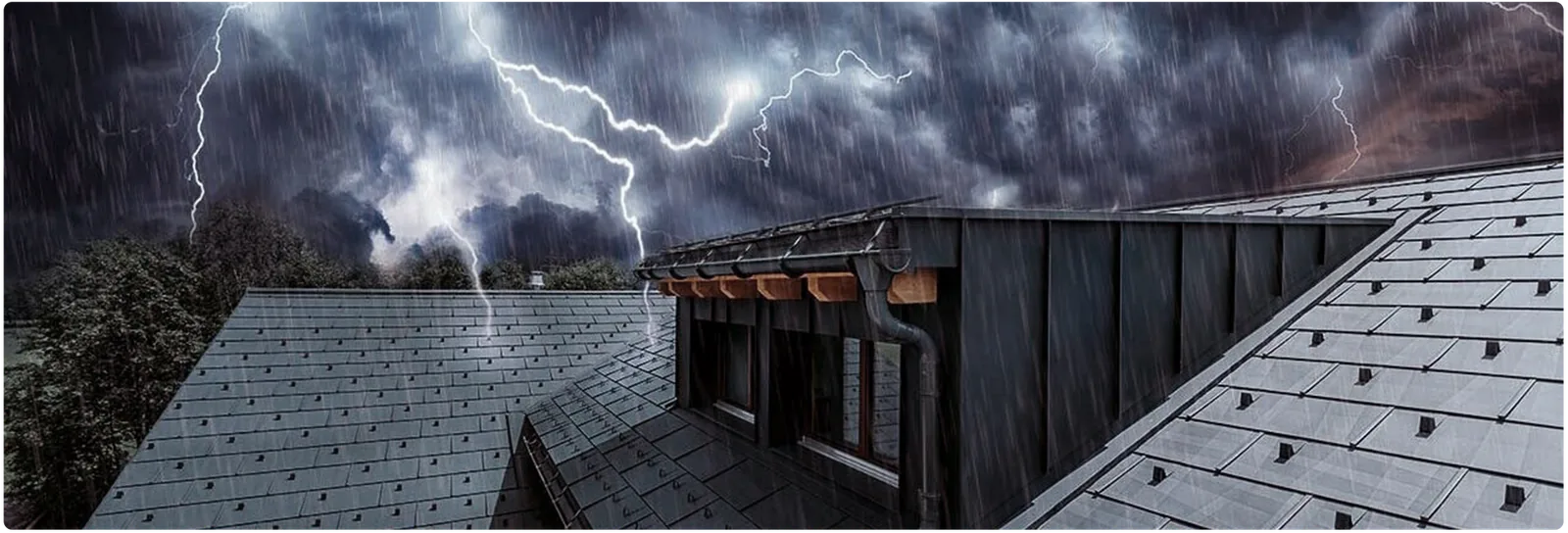 Storm Damage - Banner Storm with lightning and heavy rain over a home roof, storm damage roof repair